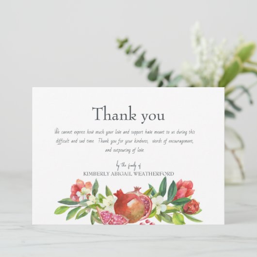 Farbenfrohe Pomegranate Beerdigung Dankeschön Kart Dankeskarte (Stehend Vorderseite)