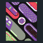 Farbenfrohe Pop Art Candy Pattern Poster<br><div class="desc">Ein abstraktes,  spielerisches Pop-Design mit süßgeprägten Mustern in leuchtend kalkgrün,  lila und rot auf fett schwarzem Hintergrund. Jede Bonbons-Form ist mit Sprinklen,  Streifen und Punkten dekoriert und schafft so einen lustigen und dynamischen Memphis-inspiriert Stil. Die lebendige Komposition bringt eine süße,  moderne und jugendliche Ästhetik.</div>