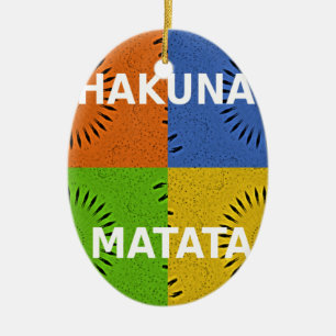 Farbenfrohe Pop-Art-Collage und "Hakuna Matata"-Bo Keramikornament