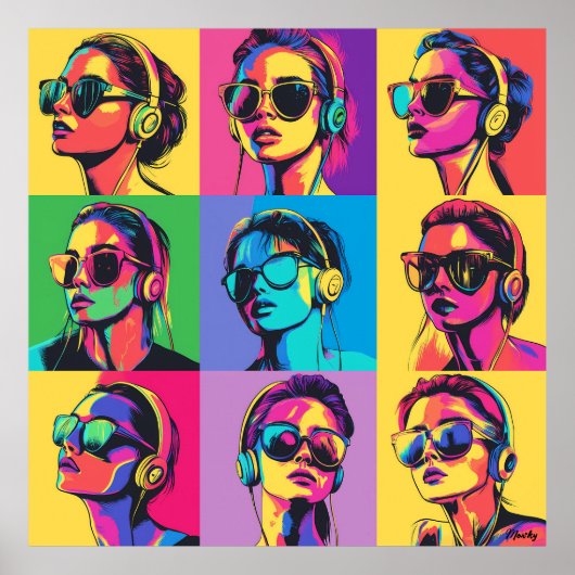 Farbenfrohe Pop Art Frauen mit Sonnenbrille & Kopf Poster (Vorne)