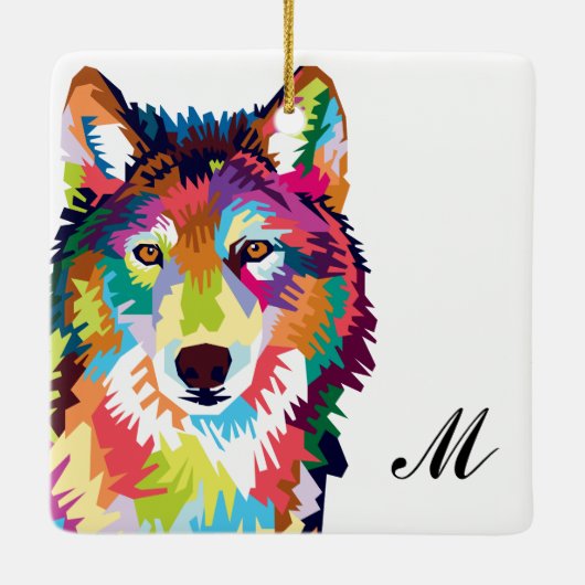 Farbenfrohe Pop Art Wolf Mit Monogramm Keramikornament (Rückseite)