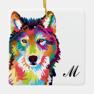 Farbenfrohe Pop Art Wolf Mit Monogramm Keramikornament