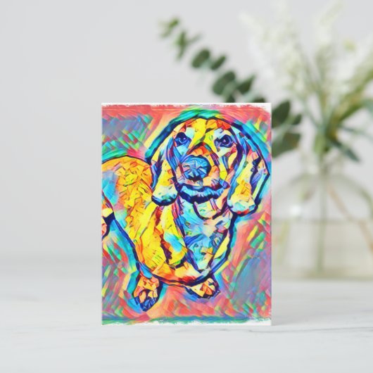 Farbenfrohe Pop Dackel Postkarte (Stehend Vorderseite)