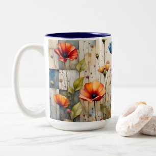 Farbenfrohe Poppies Blumenmuster Rustikales Blaues Zweifarbige Tasse