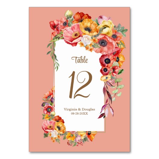 farbenfrohe Poppies Hochzeit Tischnummer (Rückseite)