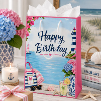 Farbenfrohe Preppy-Rosa-Blau-Küsten-Sommer-Geburts Mittlere Geschenktüte