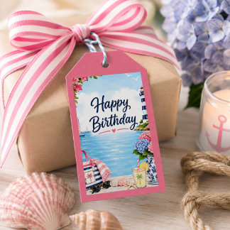 Farbenfrohe preppy rosa blaue Küsten-Sommer-Geburt Geschenkanhänger