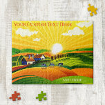 Farbenfrohe, primitive Kunstfarm Land Sonnenaufgan Puzzle<br><div class="desc">Puzzle mit einer primitiven Kunstdarstellung einer sonnigen Landschaft mit Kühen. Die hellen Farben machen dieses Rätsel zu einem Genuss für die Zeit.</div>