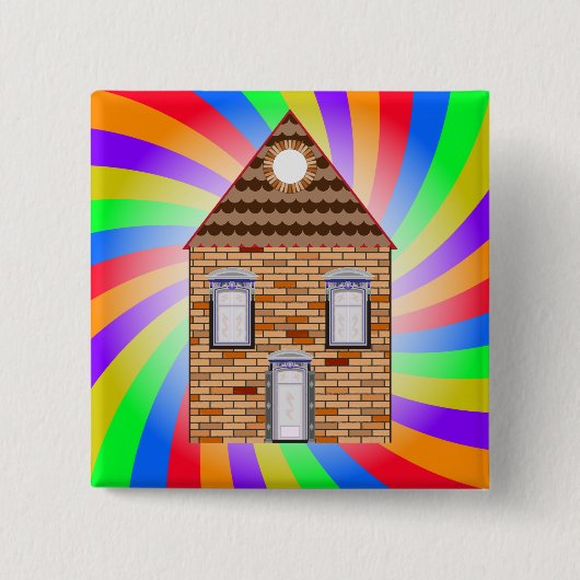 Farbenfrohe Psychedelic Brick House Rainbow Design Button (Vorderseite)