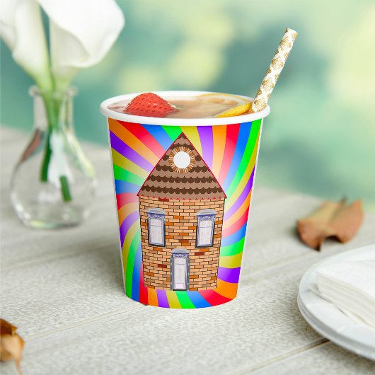 Farbenfrohe Psychedelic Brick House Rainbow Design Pappbecher