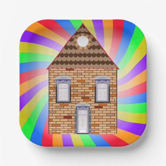 Farbenfrohe Psychedelic Brick House Rainbow Design Pappteller (Vorderseite)