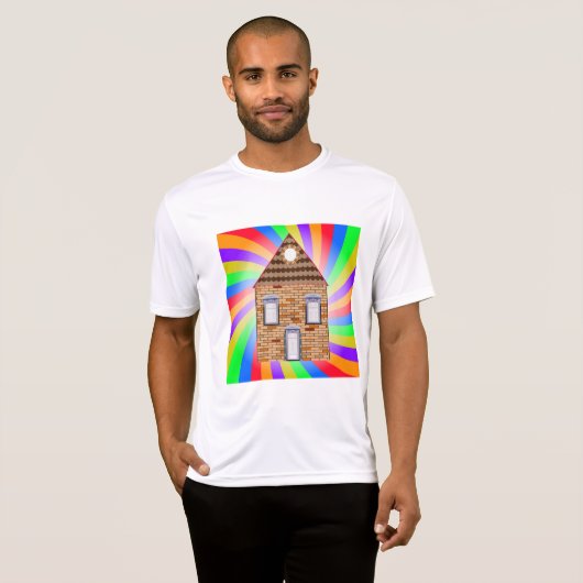 Farbenfrohe Psychedelic Brick House Rainbow Design T-Shirt (Vorne ganz)
