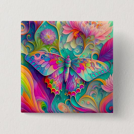 Farbenfrohe Psychedelic Butterfly und Blume Button (Vorderseite)