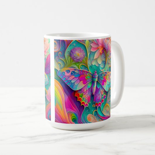 Farbenfrohe Psychedelic Butterfly und Blume Kaffeetasse (VorderseiteRechts)