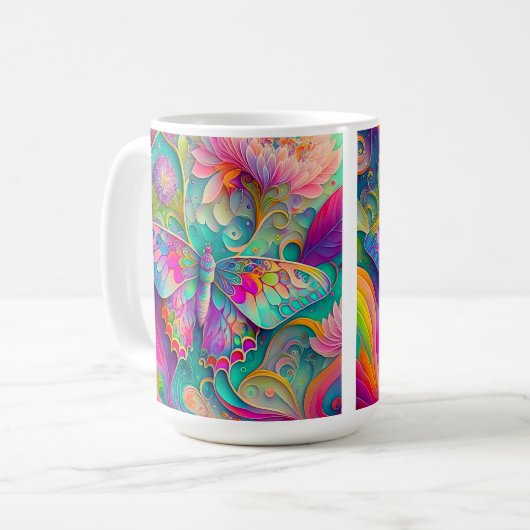 Farbenfrohe Psychedelic Butterfly und Blume Kaffeetasse (Vorderseite Links)