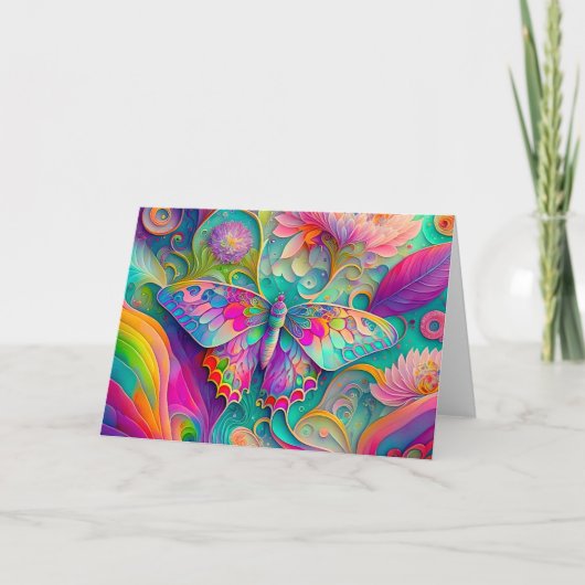 Farbenfrohe Psychedelic Butterfly und Blume Karte (Vorderseite)