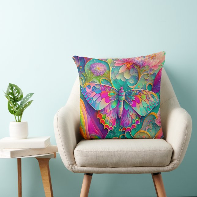 Farbenfrohe Psychedelic Butterfly und Blume Kissen (Stuhl )