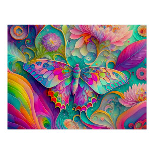 Farbenfrohe Psychedelic Butterfly und Blume Poster