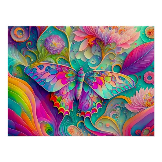 Farbenfrohe Psychedelic Butterfly und Blume Poster (Vorderseite)