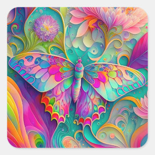 Farbenfrohe Psychedelic Butterfly und Blume Quadratischer Aufkleber