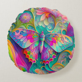 Farbenfrohe Psychedelic Butterfly und Blume Rundes Kissen