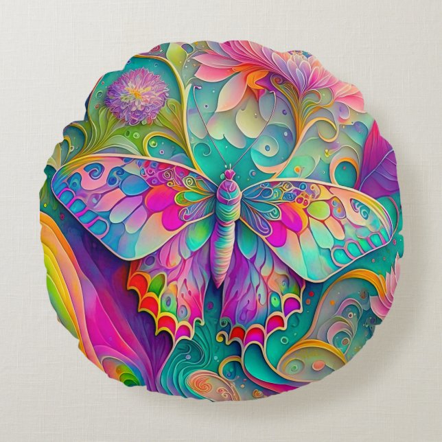 Farbenfrohe Psychedelic Butterfly und Blume Rundes Kissen (Vorderseite)