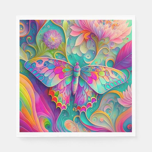 Farbenfrohe Psychedelic Butterfly und Blume Serviette (Vorderseite)