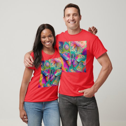 Farbenfrohe Psychedelic Butterfly und Blume T-Shirt (Unisex)