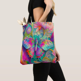 Farbenfrohe Psychedelic Butterfly und Blume Tasche