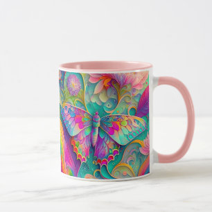 Farbenfrohe Psychedelic Butterfly und Blume Tasse