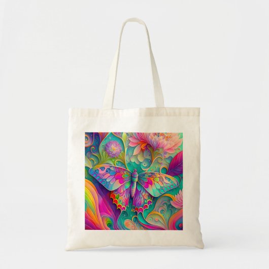 Farbenfrohe Psychedelic Butterfly und Blume Tragetasche (Vorne)