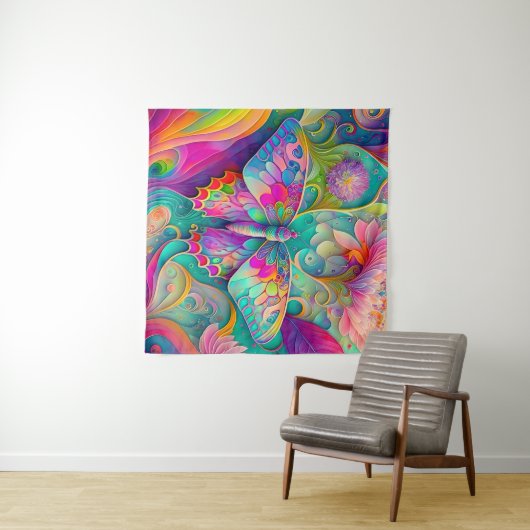 Farbenfrohe Psychedelic Butterfly und Blume Wandteppich (Beispiel (Horizontal))