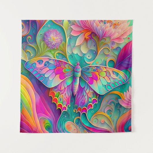 Farbenfrohe Psychedelic Butterfly und Blume Wandteppich (Vorderseite)
