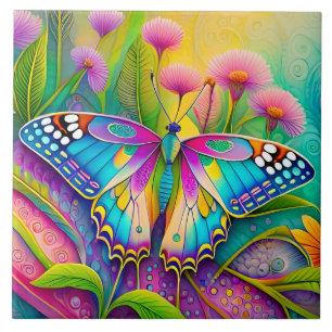 Farbenfrohe Psychedelic Butterfly und Wildblumen Fliese
