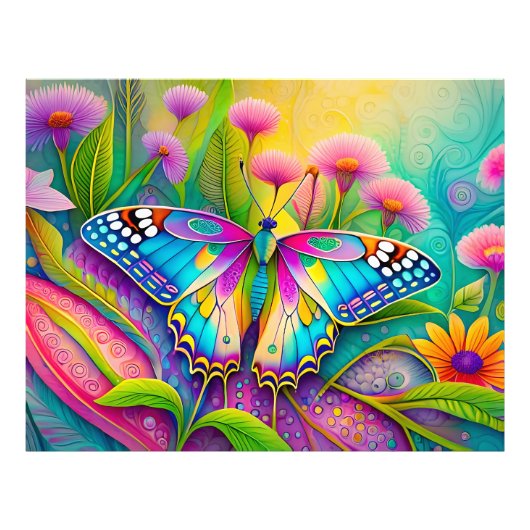 Farbenfrohe Psychedelic Butterfly und Wildblumen Fotodruck (Vorne)