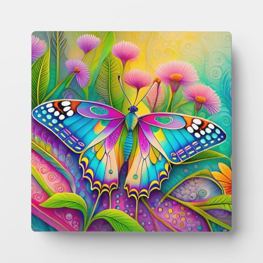 Farbenfrohe Psychedelic Butterfly und Wildblumen Fotoplatte (Vorderseite)