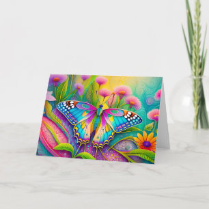 Farbenfrohe Psychedelic Butterfly und Wildblumen Karte