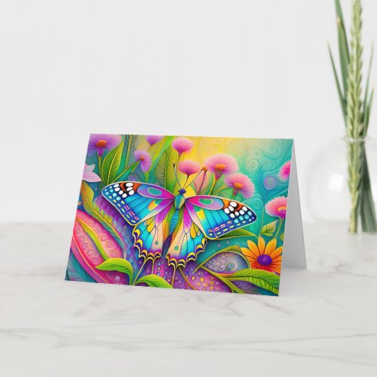 Farbenfrohe Psychedelic Butterfly und Wildblumen Karte (Vorderseite)