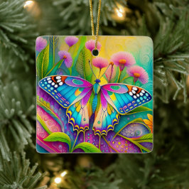 Farbenfrohe Psychedelic Butterfly und Wildblumen Keramikornament