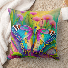 Farbenfrohe Psychedelic Butterfly und Wildblumen Kissen