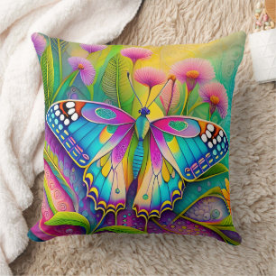 Farbenfrohe Psychedelic Butterfly und Wildblumen Kissen