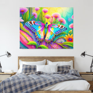 Farbenfrohe Psychedelic Butterfly und Wildblumen Leinwanddruck