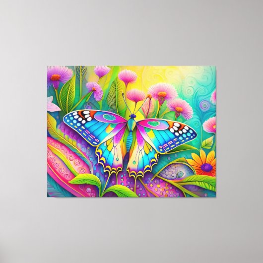 Farbenfrohe Psychedelic Butterfly und Wildblumen Leinwanddruck (Vorderseite)