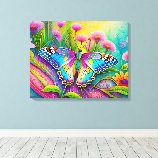 Farbenfrohe Psychedelic Butterfly und Wildblumen Leinwanddruck (Insitu (Holzboden))