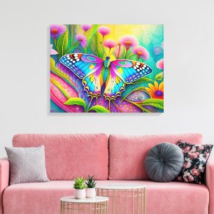 Farbenfrohe Psychedelic Butterfly und Wildblumen Leinwanddruck