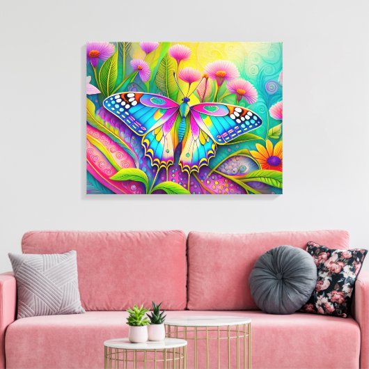 Farbenfrohe Psychedelic Butterfly und Wildblumen Leinwanddruck (Insitu (Wohnzimmer))