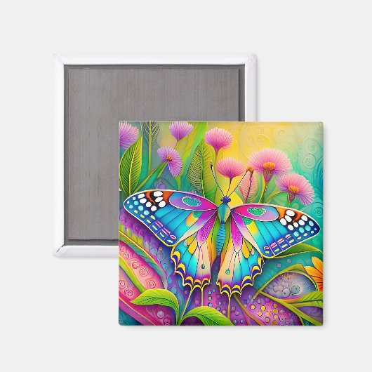 Farbenfrohe Psychedelic Butterfly und Wildblumen Magnet (Vorderseite/Rückseite)