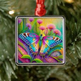 Farbenfrohe Psychedelic Butterfly und Wildblumen Ornament Aus Metall