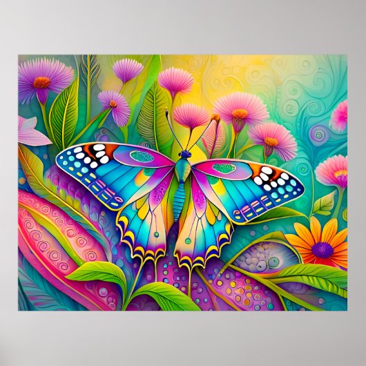 Farbenfrohe Psychedelic Butterfly und Wildblumen Poster (Vorne)