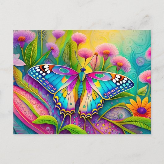 Farbenfrohe Psychedelic Butterfly und Wildblumen Postkarte (Vorderseite)